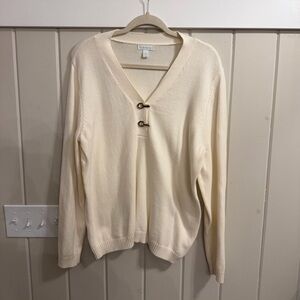 Women’s Charter Club Cream V-Neck Sweater with Gold Toggle Accents, Size XL